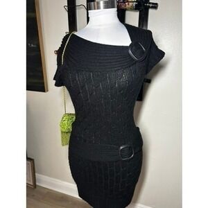 Black Cable Knit Asymmetric Buckle Mini Dress Short Sleeve Belted Goth Grunge L